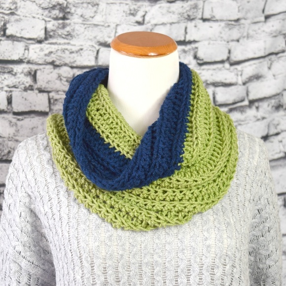Accessories - Hand Crocheted Olive and Navy Cowl Infinity Scarf
